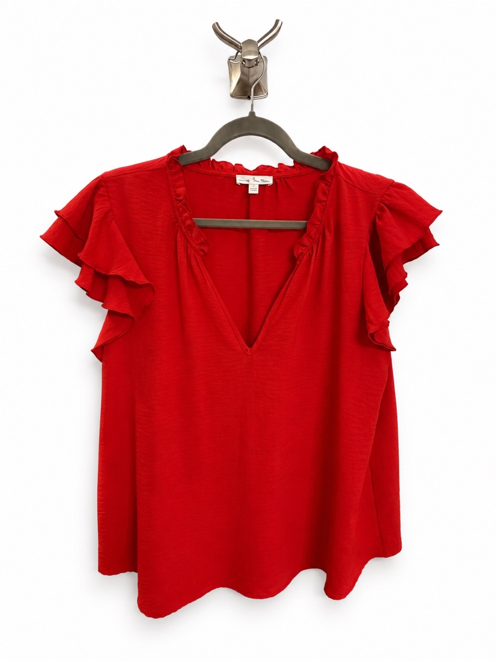 nine britton Red V-Neck Ruffle Sleeve Blouse